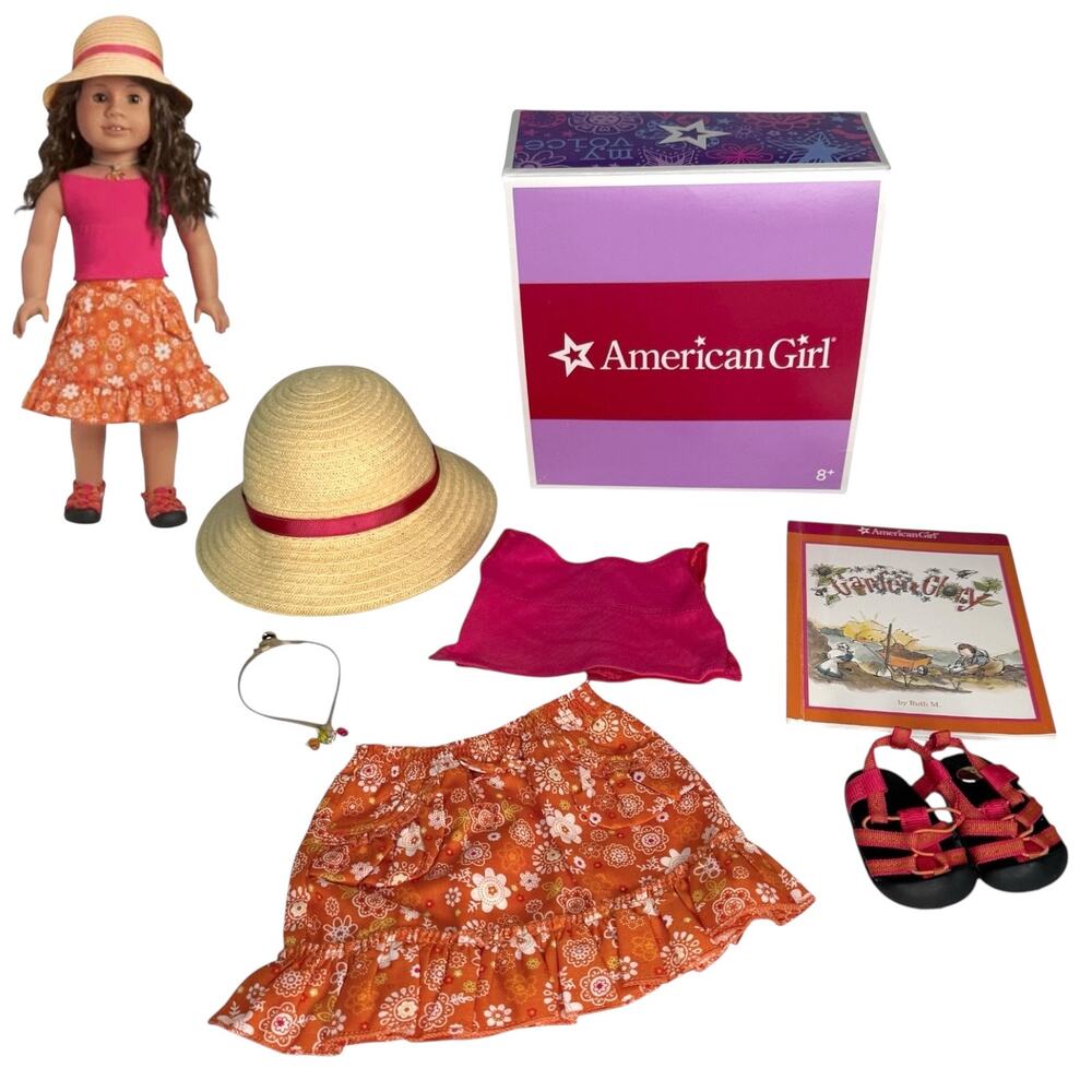American Girl Gardening Outfit II Tank Top Skirt Shoes Hat Necklace Book Box